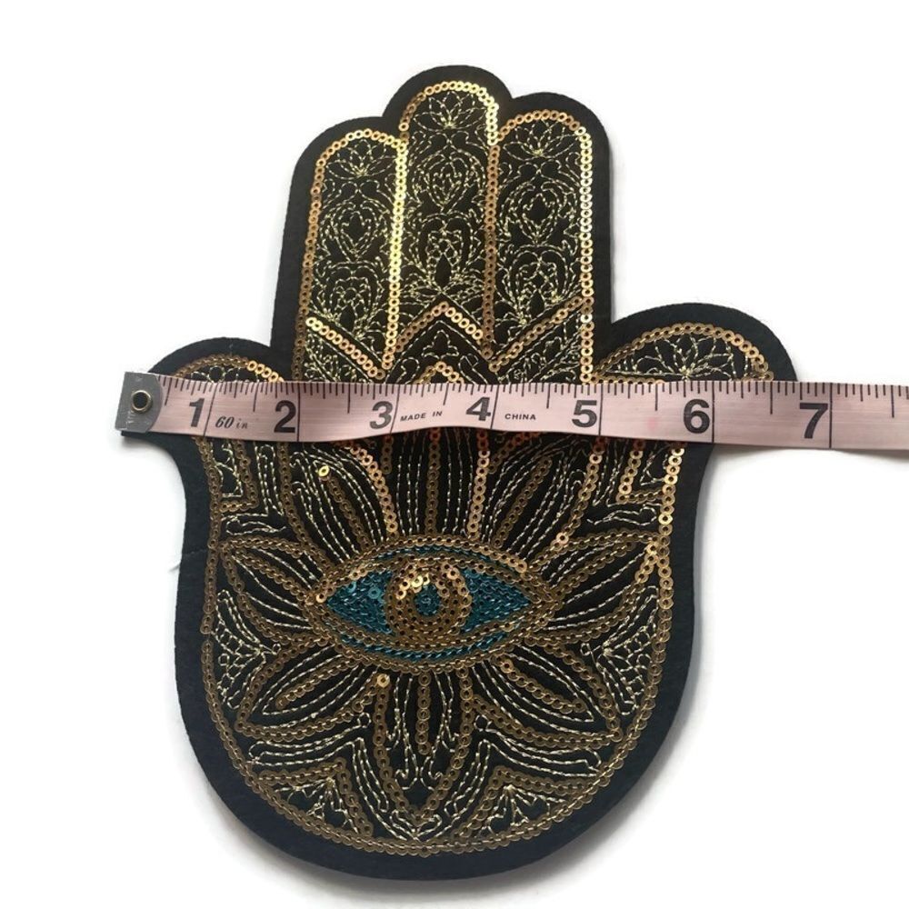 Large Gold Turkish Eye Hamsa Sequins Patch - Picture 3 of 4
